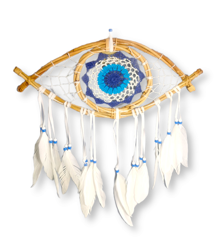 Ονειροπαγίδα κεντημένη σε καλάμι, με φτερά και evil eye